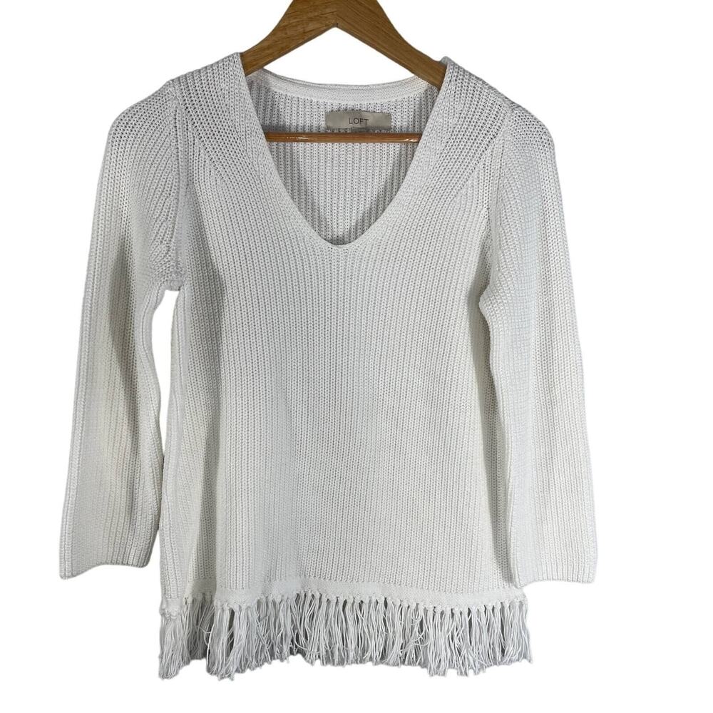 Loft Womens S Fringe Hem White knit pullover Sweater Cotton 3/4 Sleeve Boho Top